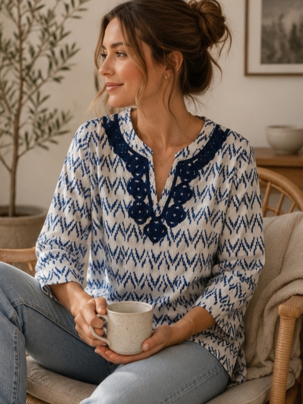 Liz Claiborne 100% Cotton Ikat Tunic Blouse Embroidered Boho Top M